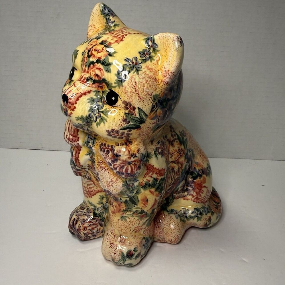 Vintage Floral Ceramic Cat Figurine Chintz Cottagecore Folk Art Decor Vintage